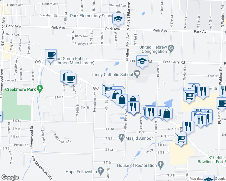 map of restaurants, bars, coffee shops, grocery stores, and more near 4001 Miller Lane in Fort Smith