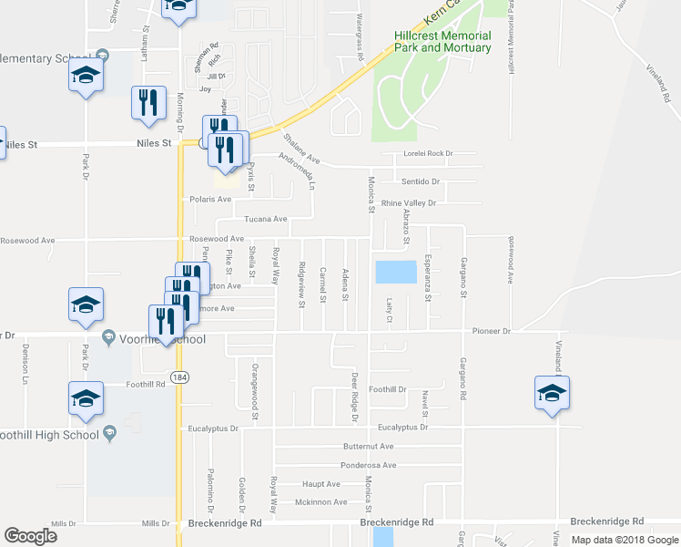 map of restaurants, bars, coffee shops, grocery stores, and more near 1408 Adena Street in Bakersfield