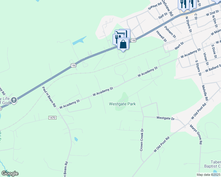 map of restaurants, bars, coffee shops, grocery stores, and more near 1465 West Academy Street in Cherryville