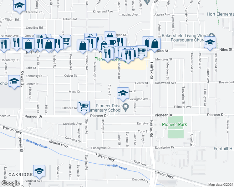 map of restaurants, bars, coffee shops, grocery stores, and more near 807 Shalimar Drive in Bakersfield