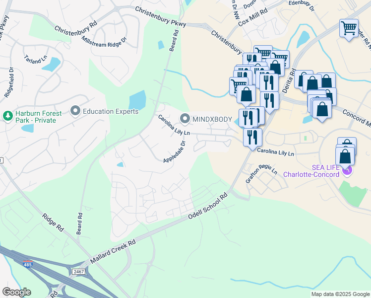 map of restaurants, bars, coffee shops, grocery stores, and more near 8706 Appledale Drive in Charlotte