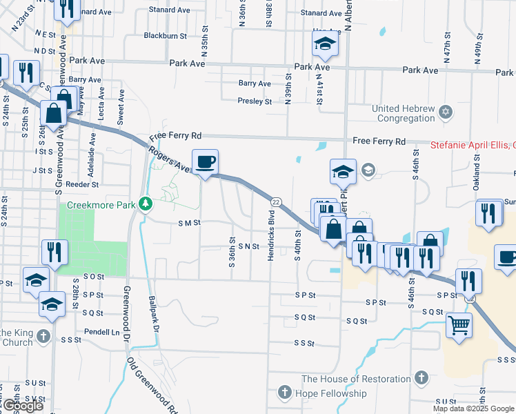 map of restaurants, bars, coffee shops, grocery stores, and more near 1219 Elizabeth Lane in Fort Smith
