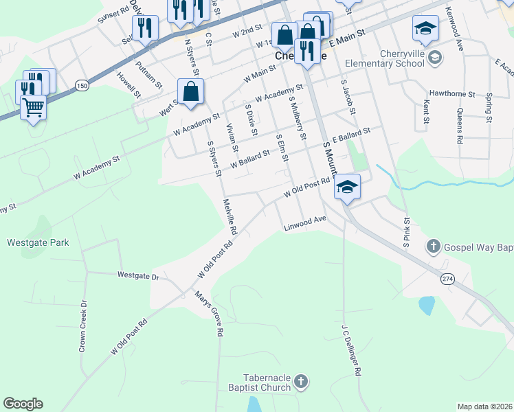 map of restaurants, bars, coffee shops, grocery stores, and more near 306 West Old Post Road in Cherryville