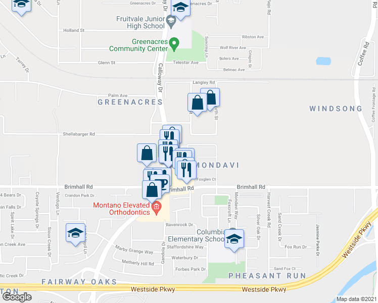 map of restaurants, bars, coffee shops, grocery stores, and more near 9415 Thistlewood Court in Bakersfield
