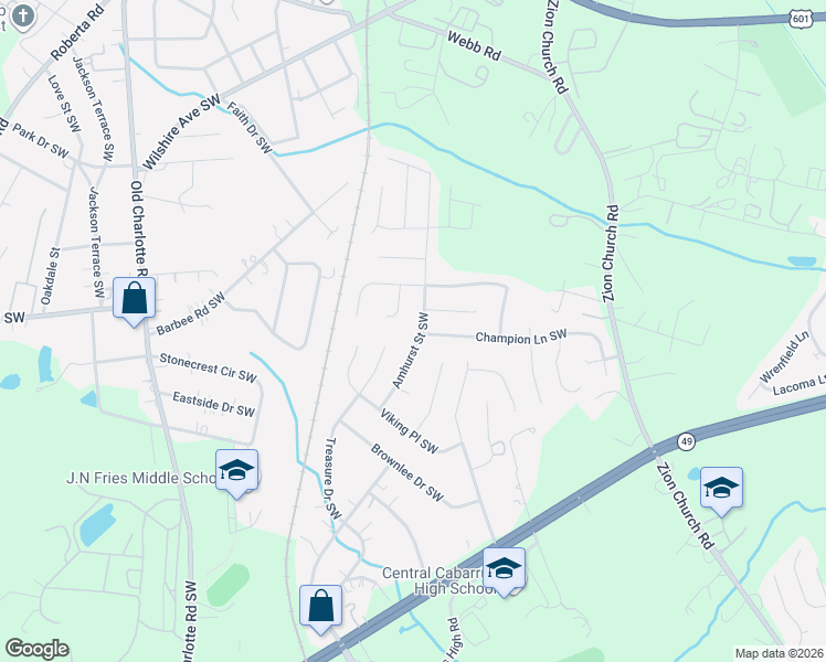map of restaurants, bars, coffee shops, grocery stores, and more near 411 Amhurst Street Southwest in Concord