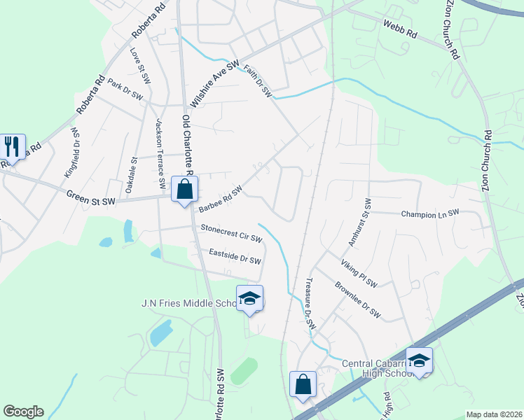 map of restaurants, bars, coffee shops, grocery stores, and more near 166 Stonewall Circle Southwest in Concord