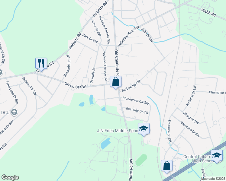 map of restaurants, bars, coffee shops, grocery stores, and more near 1250 Old Charlotte Road Southwest in Concord