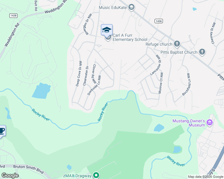 map of restaurants, bars, coffee shops, grocery stores, and more near 3047 Clover Road Northwest in Concord