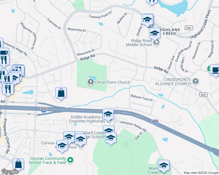 map of restaurants, bars, coffee shops, grocery stores, and more near 2137 Highland Knoll Drive in Charlotte