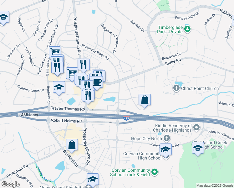 map of restaurants, bars, coffee shops, grocery stores, and more near 5329 Prosperity Ridge Road in Charlotte