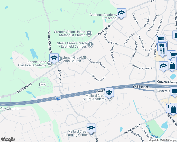 map of restaurants, bars, coffee shops, grocery stores, and more near 10145 Madison Park Drive in Charlotte