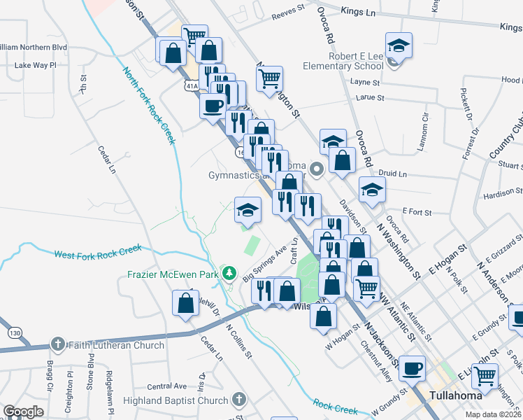 map of restaurants, bars, coffee shops, grocery stores, and more near 1001 N Jackson St in Tullahoma