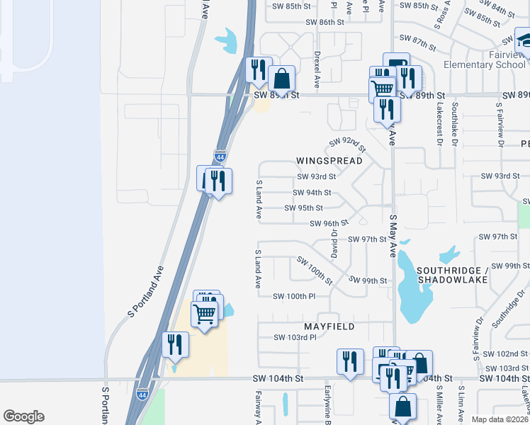 map of restaurants, bars, coffee shops, grocery stores, and more near 3299 Southwest 95th Street in Oklahoma City