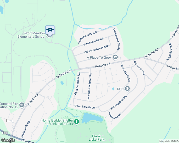 map of restaurants, bars, coffee shops, grocery stores, and more near 1363 Farm Branch Drive Southwest in Concord