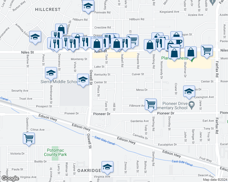 map of restaurants, bars, coffee shops, grocery stores, and more near 3209 Mesa Drive in Bakersfield
