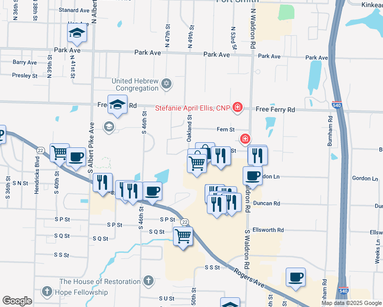 map of restaurants, bars, coffee shops, grocery stores, and more near 4900 Summit Street in Fort Smith
