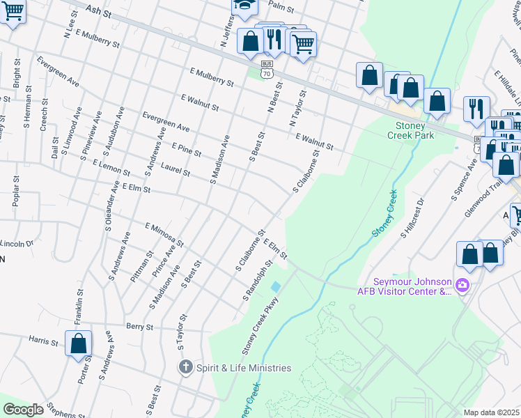 map of restaurants, bars, coffee shops, grocery stores, and more near 1808 Laurel Street in Goldsboro