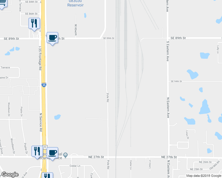 map of restaurants, bars, coffee shops, grocery stores, and more near 9720 Pole Road in Oklahoma City