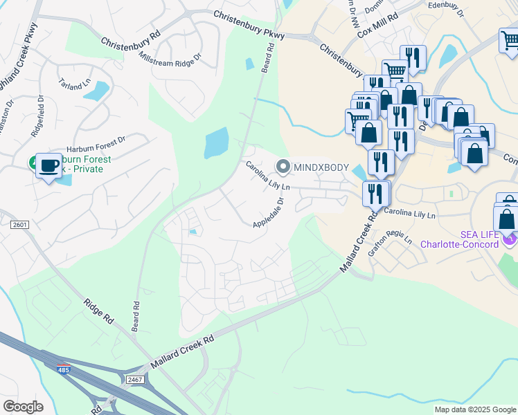 map of restaurants, bars, coffee shops, grocery stores, and more near 2918 Bridgeville Lane in Charlotte