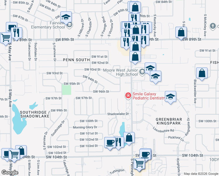 map of restaurants, bars, coffee shops, grocery stores, and more near 2221 Southwest 96th Street in Oklahoma City