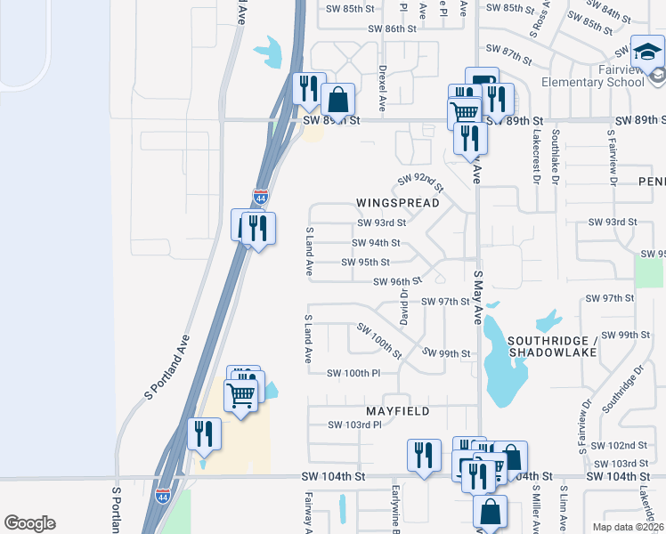 map of restaurants, bars, coffee shops, grocery stores, and more near 3204 Southwest 95th Street in Oklahoma City