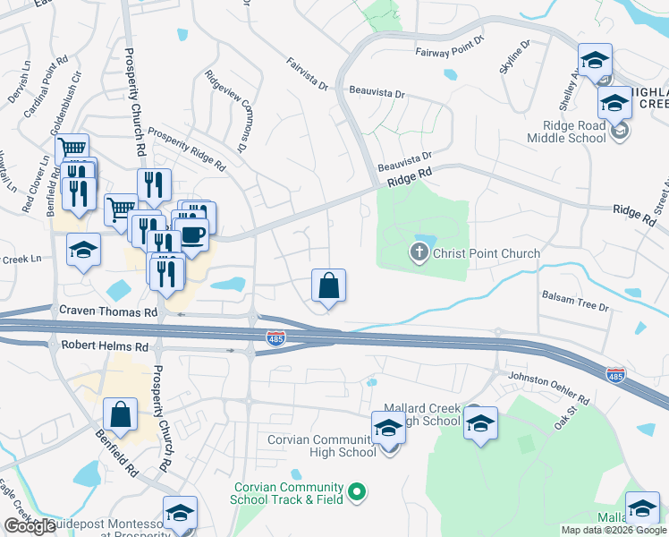 map of restaurants, bars, coffee shops, grocery stores, and more near 5808 Waverly Lynn Lane in Charlotte