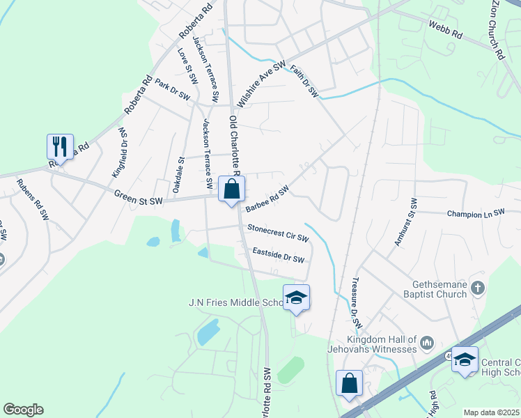 map of restaurants, bars, coffee shops, grocery stores, and more near 18 Barbee Road Southwest in Concord