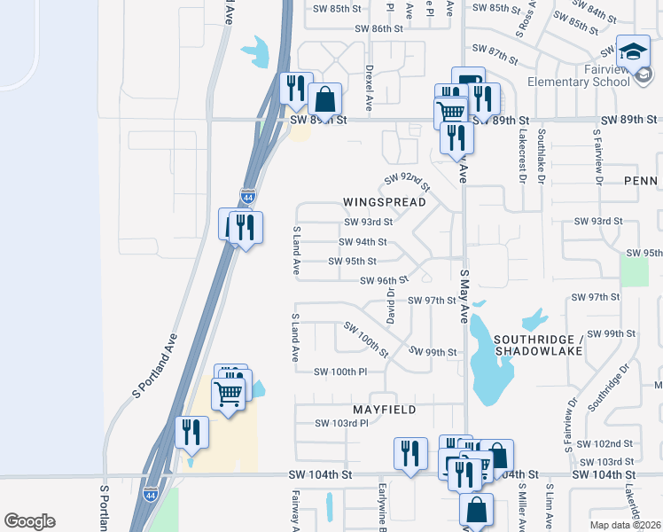 map of restaurants, bars, coffee shops, grocery stores, and more near 3204 Southwest 95th Street in Oklahoma City