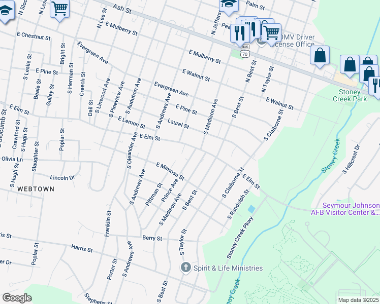map of restaurants, bars, coffee shops, grocery stores, and more near 601 Prince Avenue in Goldsboro