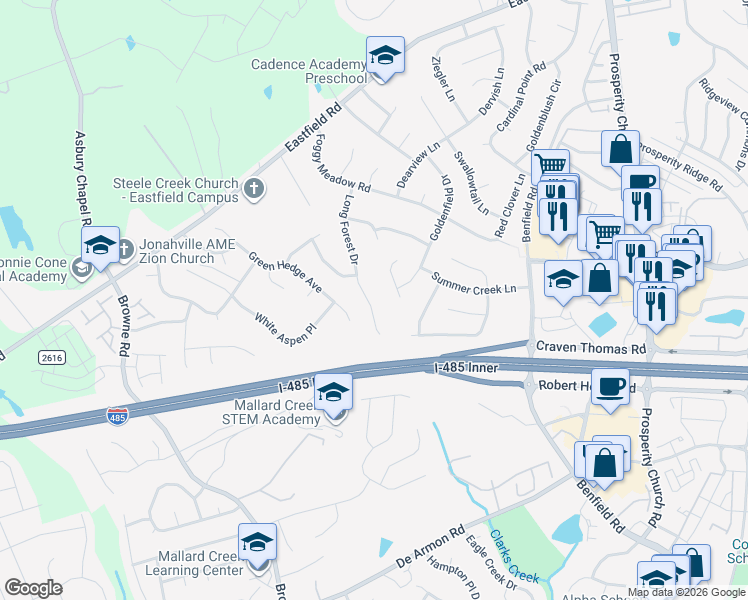 map of restaurants, bars, coffee shops, grocery stores, and more near 11710 Long Forest Drive in Charlotte