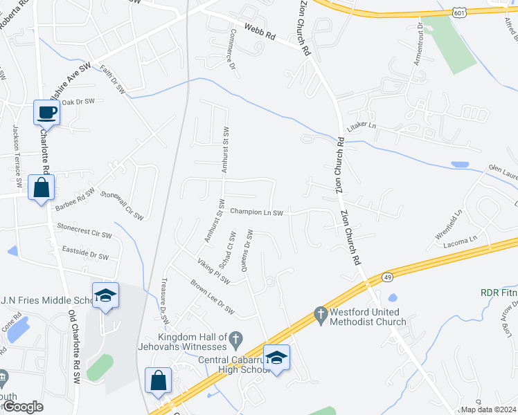 map of restaurants, bars, coffee shops, grocery stores, and more near 3025 Champion Lane Southwest in Concord