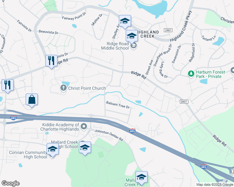 map of restaurants, bars, coffee shops, grocery stores, and more near 6321 Stoney Valley Court in Charlotte