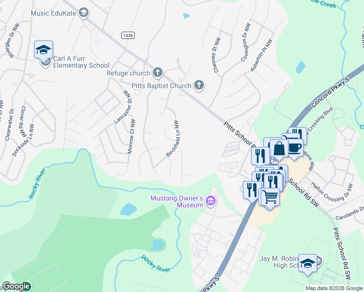 map of restaurants, bars, coffee shops, grocery stores, and more near 5835 Misty Forest Place Northwest in Concord