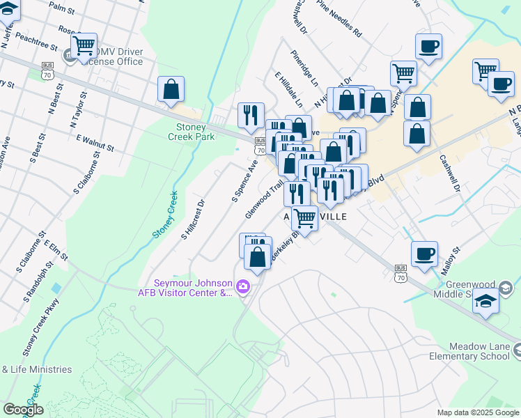 map of restaurants, bars, coffee shops, grocery stores, and more near 108 Glenwood Trail in Goldsboro