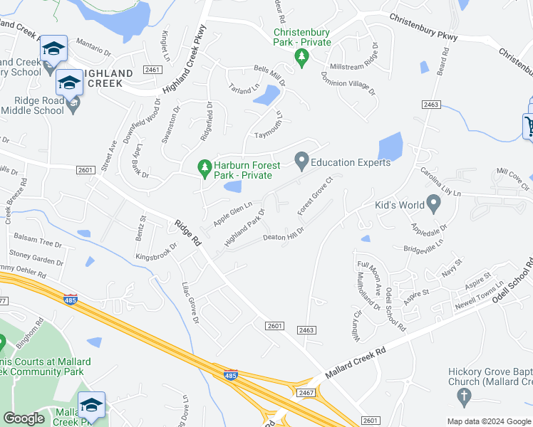 map of restaurants, bars, coffee shops, grocery stores, and more near 2410 Highland Park Drive in Charlotte