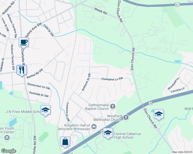 map of restaurants, bars, coffee shops, grocery stores, and more near 3001 Champion Lane Southwest in Concord