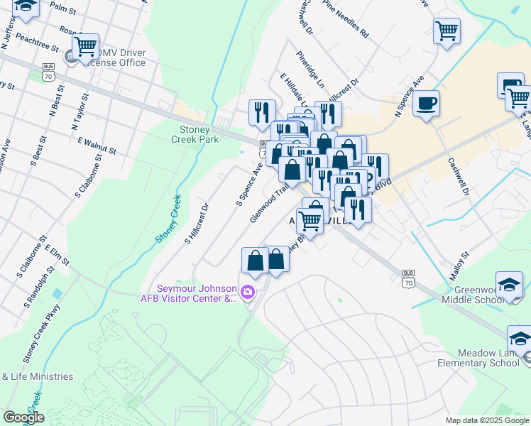 map of restaurants, bars, coffee shops, grocery stores, and more near 108 Glenwood Trail in Goldsboro