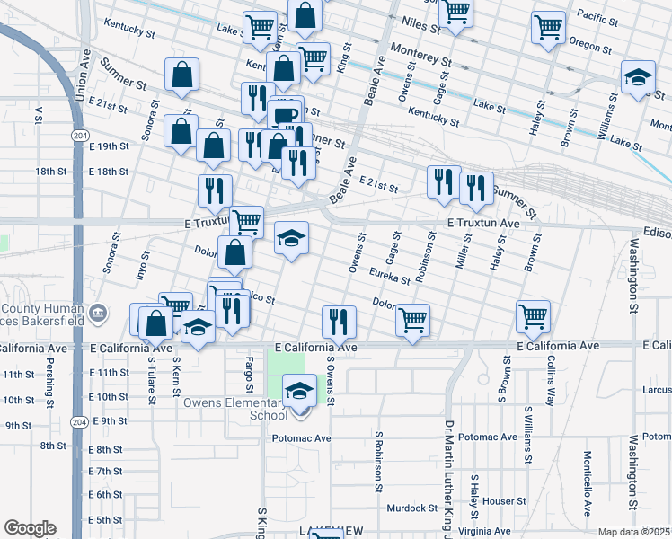 map of restaurants, bars, coffee shops, grocery stores, and more near 925 Eureka Street in Bakersfield