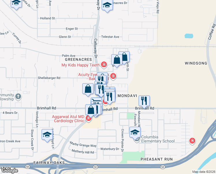 map of restaurants, bars, coffee shops, grocery stores, and more near 1430 Calloway Drive in Bakersfield