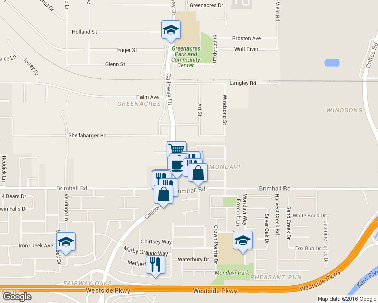 map of restaurants, bars, coffee shops, grocery stores, and more near 1430 Calloway Drive in Bakersfield