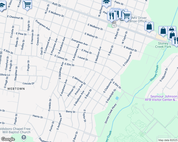 map of restaurants, bars, coffee shops, grocery stores, and more near 601 Prince Avenue in Goldsboro