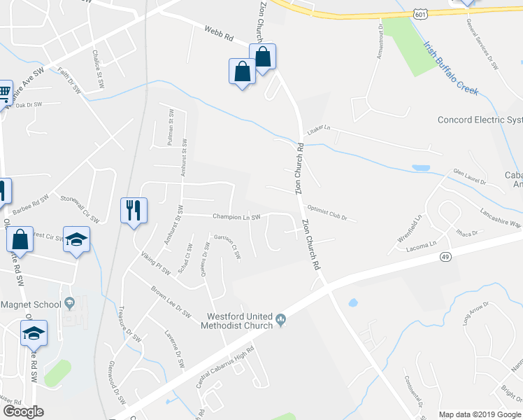 map of restaurants, bars, coffee shops, grocery stores, and more near 3069 Champion Lane Southwest in Concord