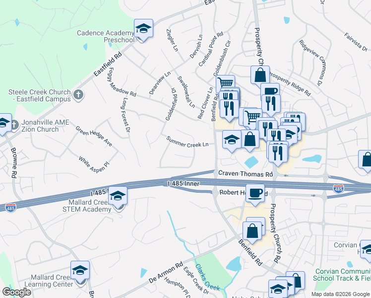 map of restaurants, bars, coffee shops, grocery stores, and more near 5921 Shining Oak Lane in Charlotte
