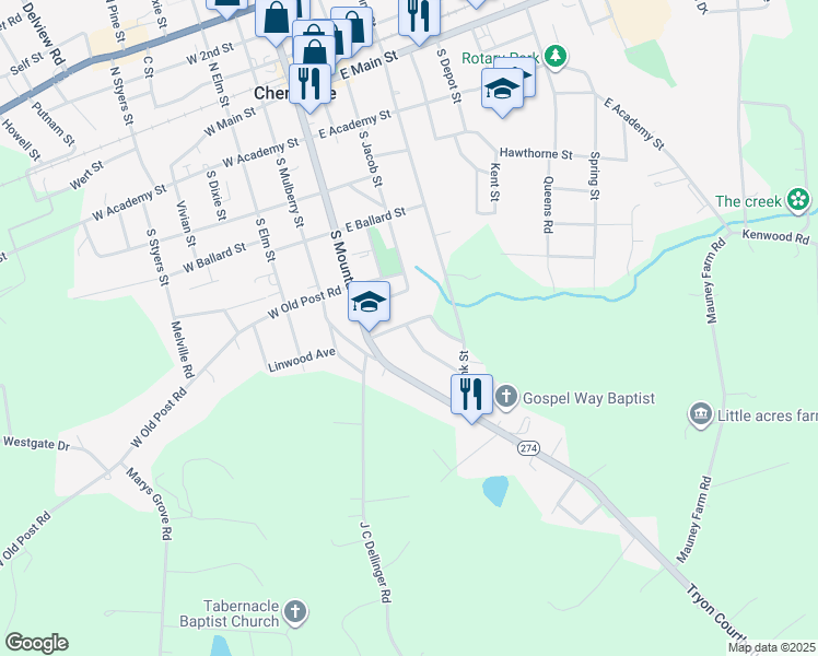 map of restaurants, bars, coffee shops, grocery stores, and more near 604 Edna Graves Way in Cherryville