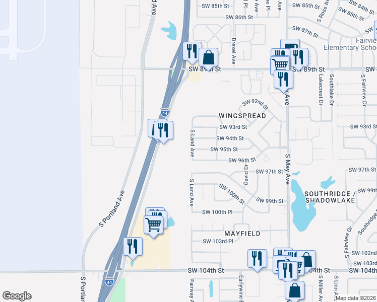 map of restaurants, bars, coffee shops, grocery stores, and more near 3299 Southwest 95th Street in Oklahoma City