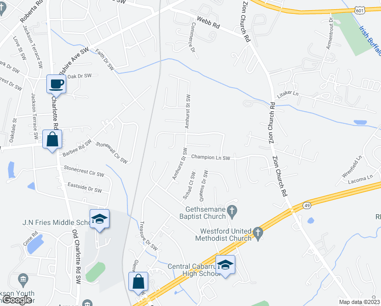map of restaurants, bars, coffee shops, grocery stores, and more near 2981 Champion Lane Southwest in Concord