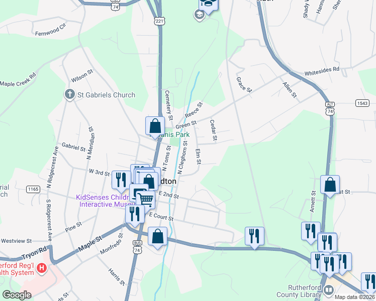map of restaurants, bars, coffee shops, grocery stores, and more near 332 North Cleghorn Street in Rutherfordton