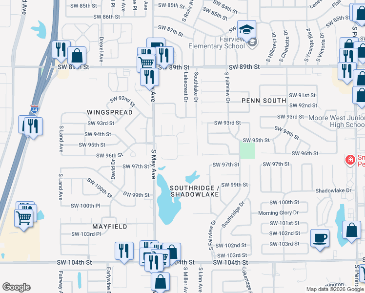map of restaurants, bars, coffee shops, grocery stores, and more near 2708 Southwest 96th CT in Oklahoma City