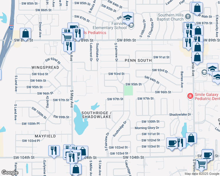 map of restaurants, bars, coffee shops, grocery stores, and more near 2632 Southwest 95th Street in Oklahoma City