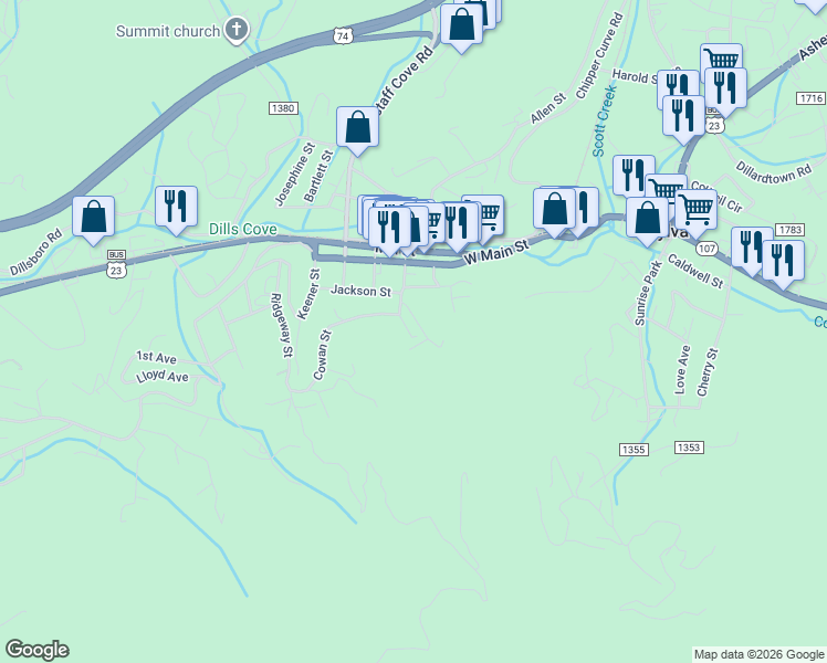 map of restaurants, bars, coffee shops, grocery stores, and more near 66 King Street in Sylva